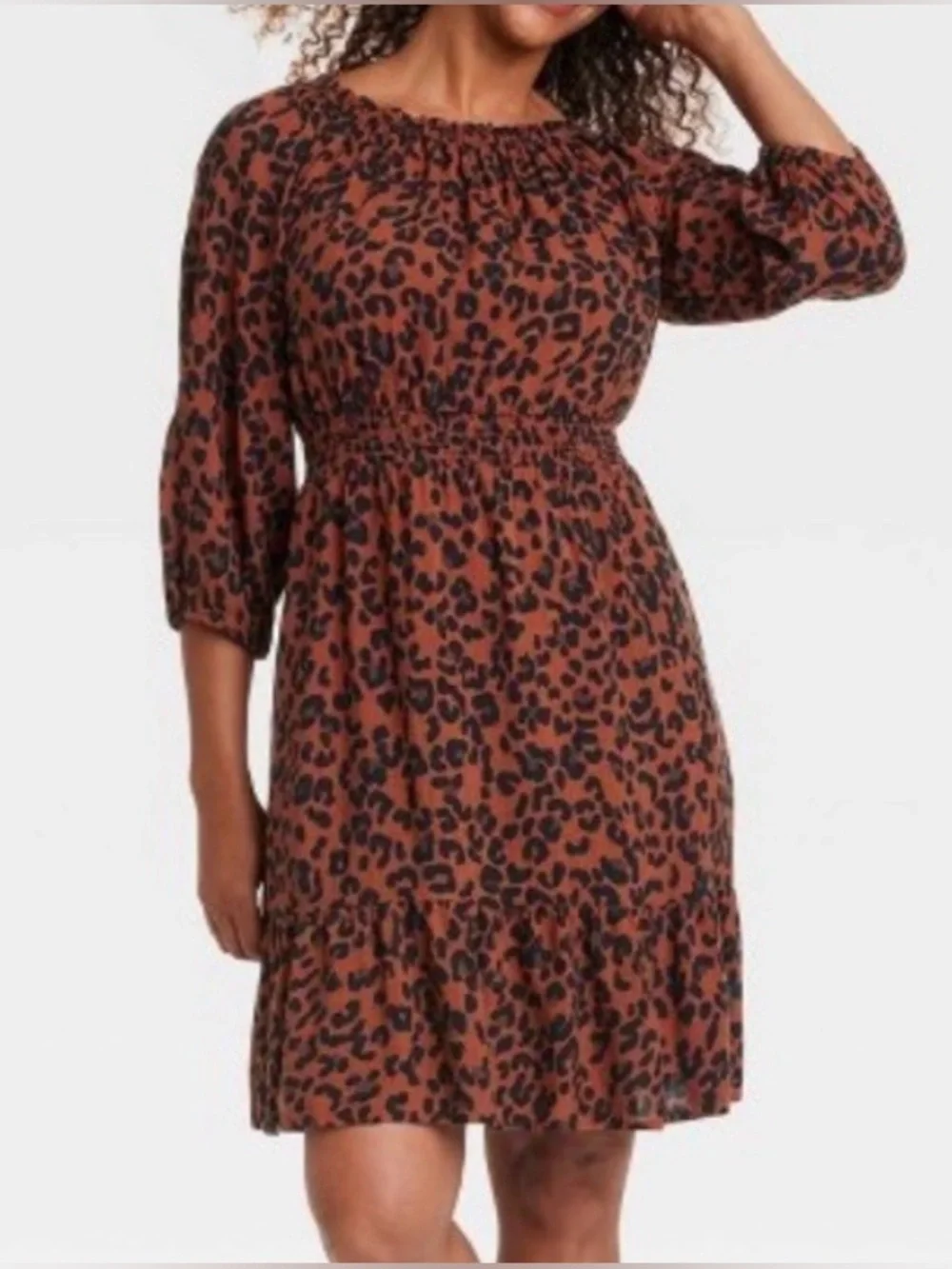 Knox Rose Brown Cheetah Print Puff Sleeve Boho Comfort Dress M - Picture 3 of 5